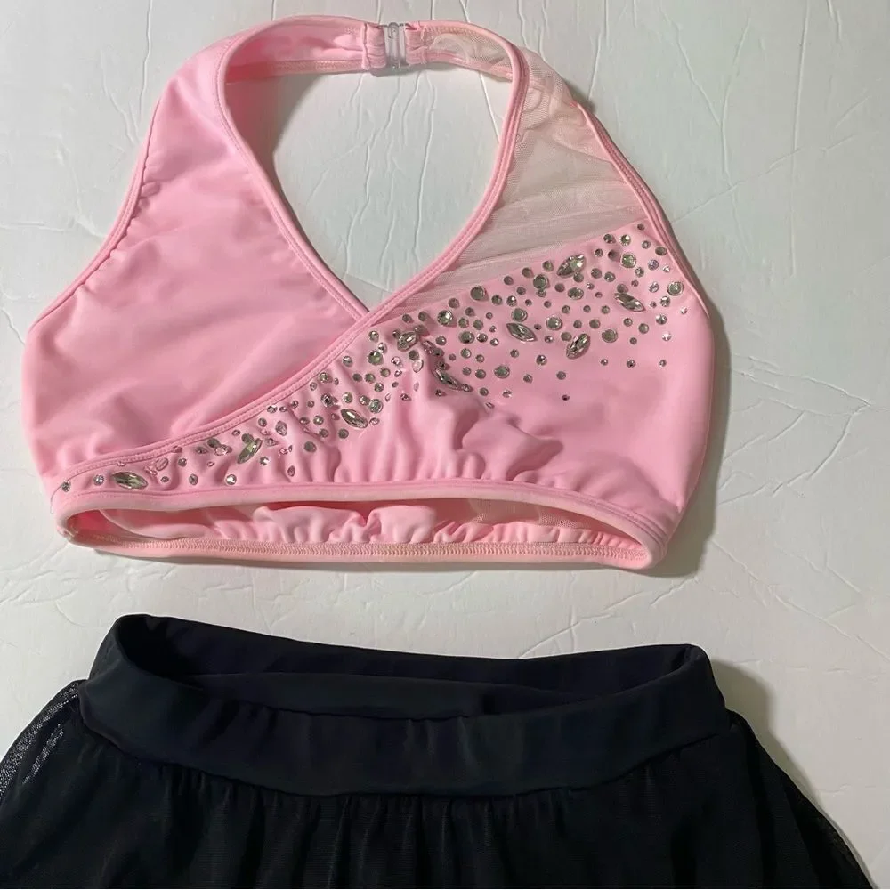 LA dance solo custom pink top 2 piece rhinestoned costume illusion SA adult